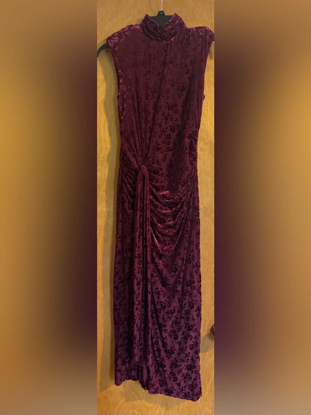 Elegant Burgundy Velvet midi/Maxi Dress with Draped Detail. SIZE 2. Worn once!